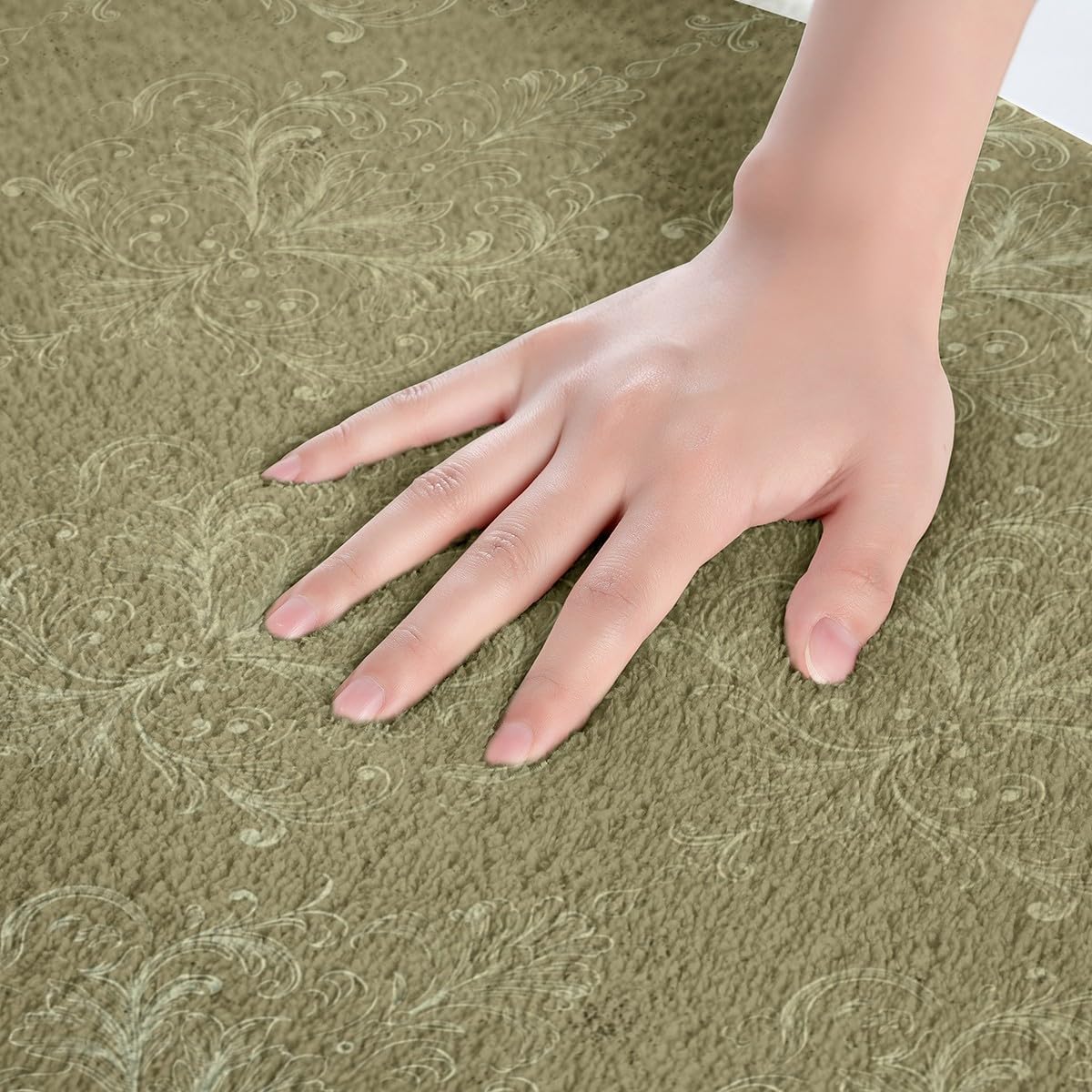 Erosebridal Dark Olive Green Damask Bath Rug 16x24 Non-Slip Vintage Floral Print Floor Mat