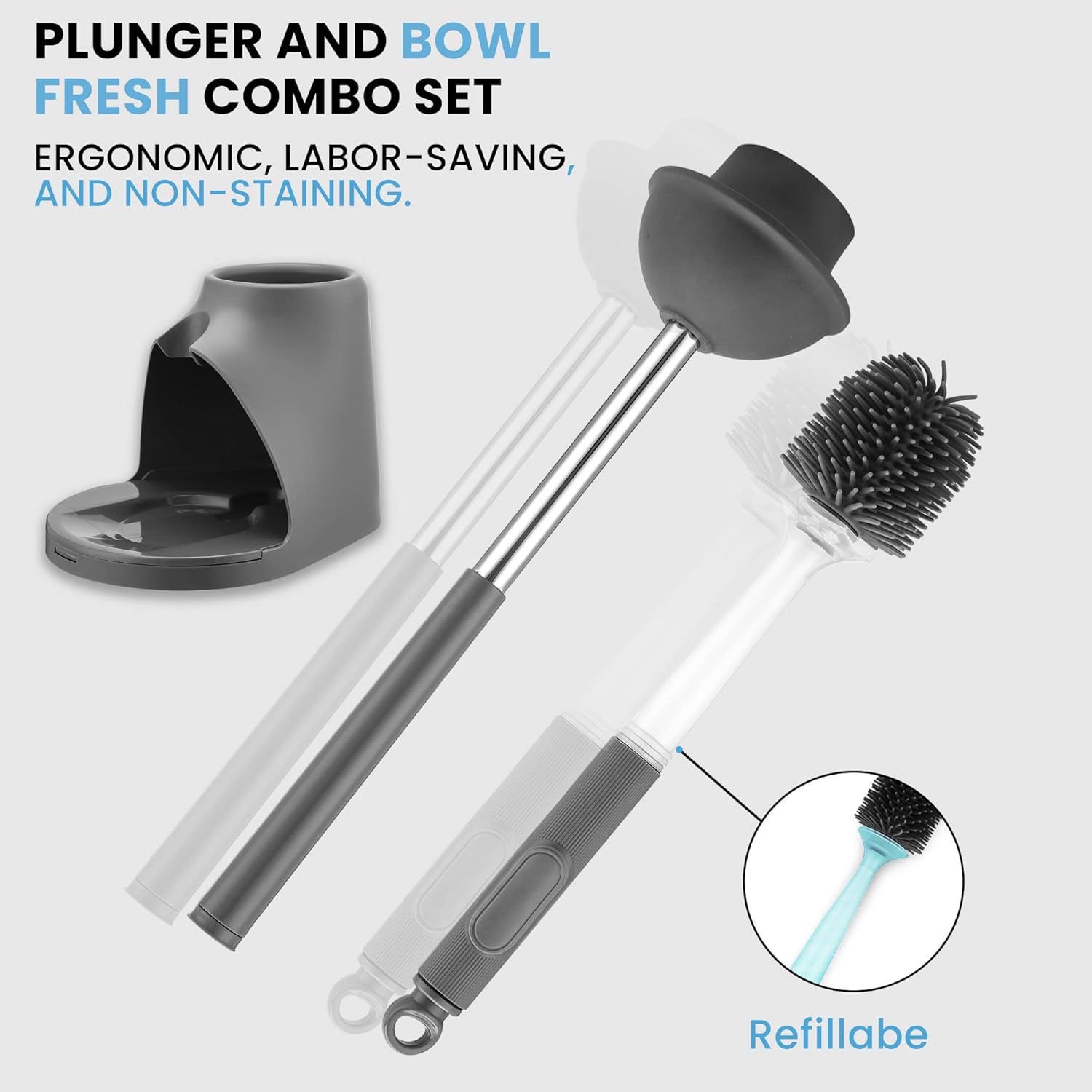 Toilet Brush Plunger Set - 2 in 1 Silicone Design