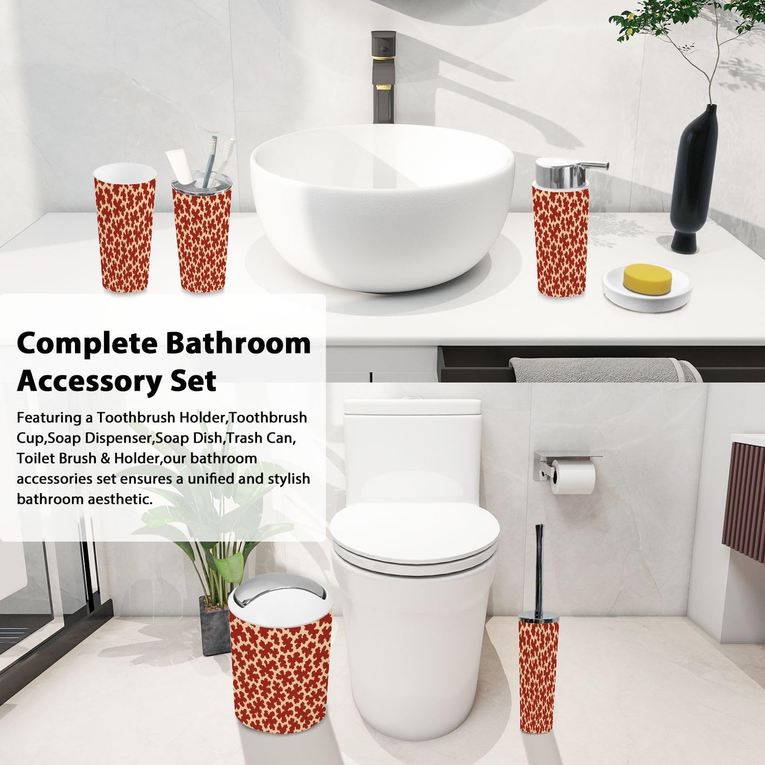 TRANQDEHOM 6 Piece Boho Cow Skin Bathroom Accessory Set