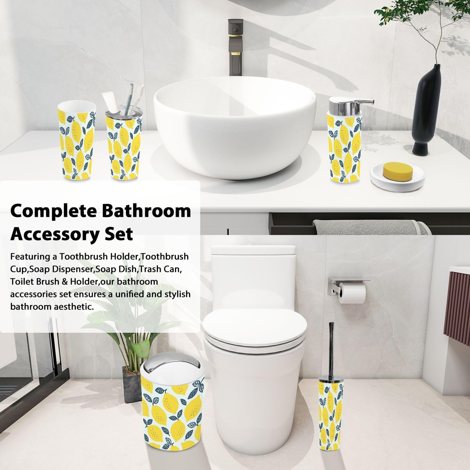Boho Fresh Lemons Bathroom Accessory Set 6 Piece