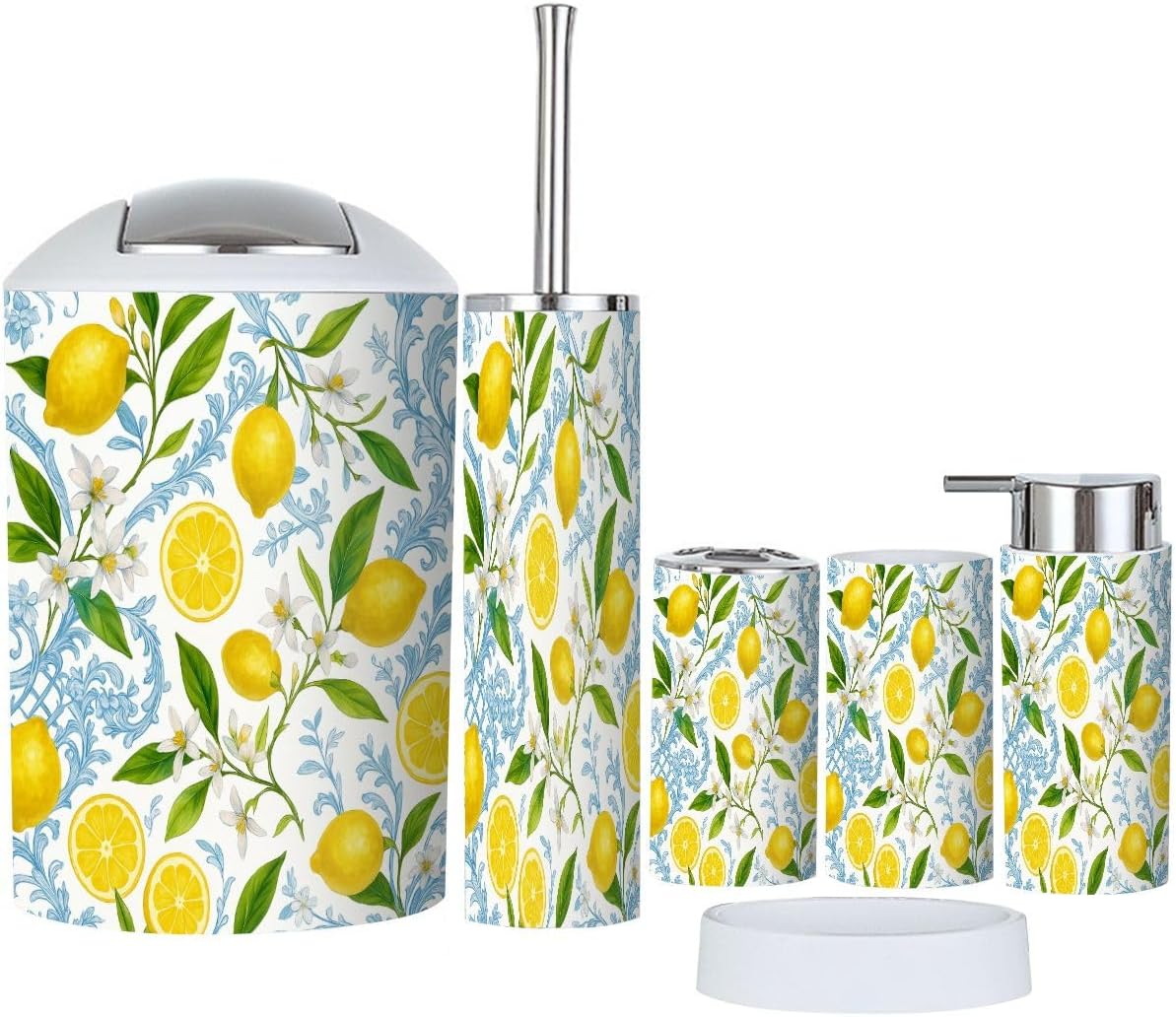 Boho Bathroom Accessory Set of 6 Pieces Yellow Lemon Fruits Floral