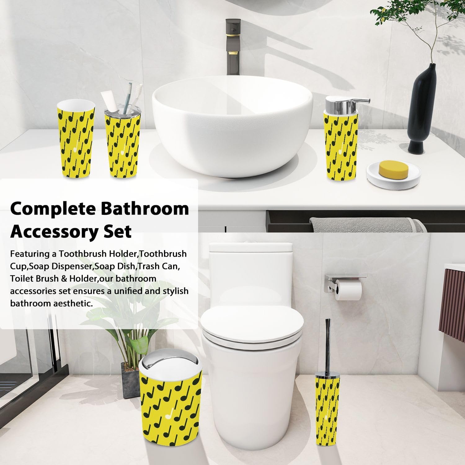 Boho Bathroom Accessory Set 6 Piece Black White