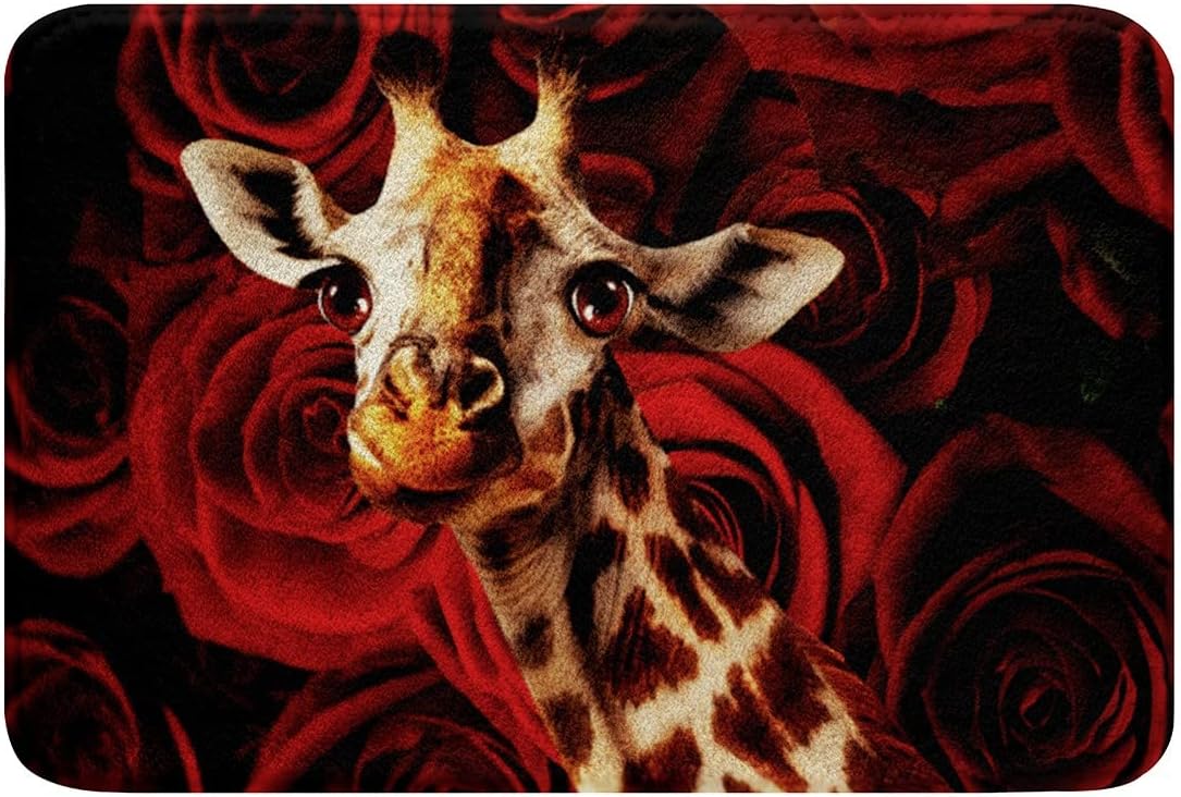 Giraffe Area Rug Red Rose Bath Mat for Home Use