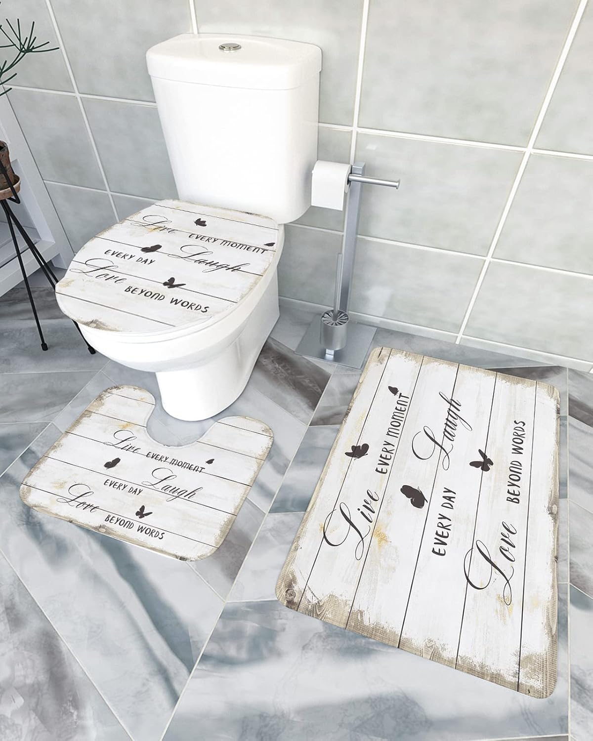 YESOF66 3 Piece Bathroom Rug Set Grey Wood Grain Non-Slip