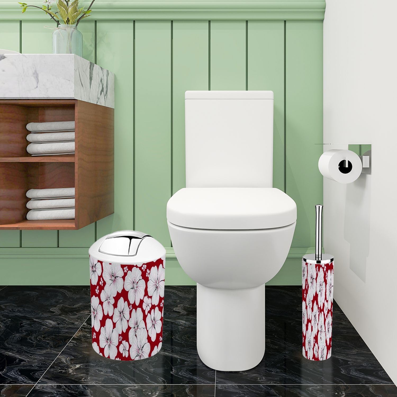 TRANQDEHOM 6-Piece Boho Floral Trash Can Set for Bathroom