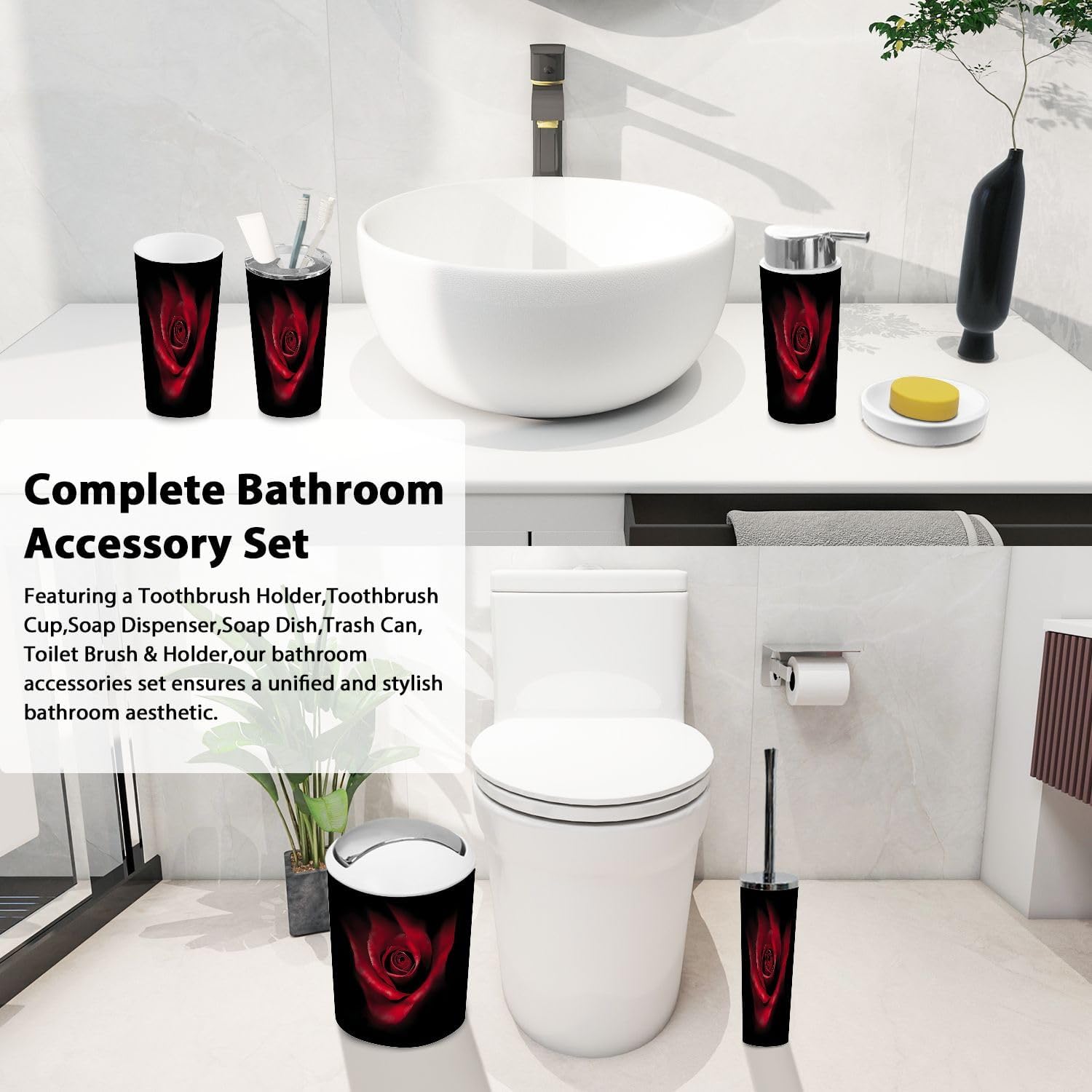 Boho Red Rose Bathroom Accessories Set of 6