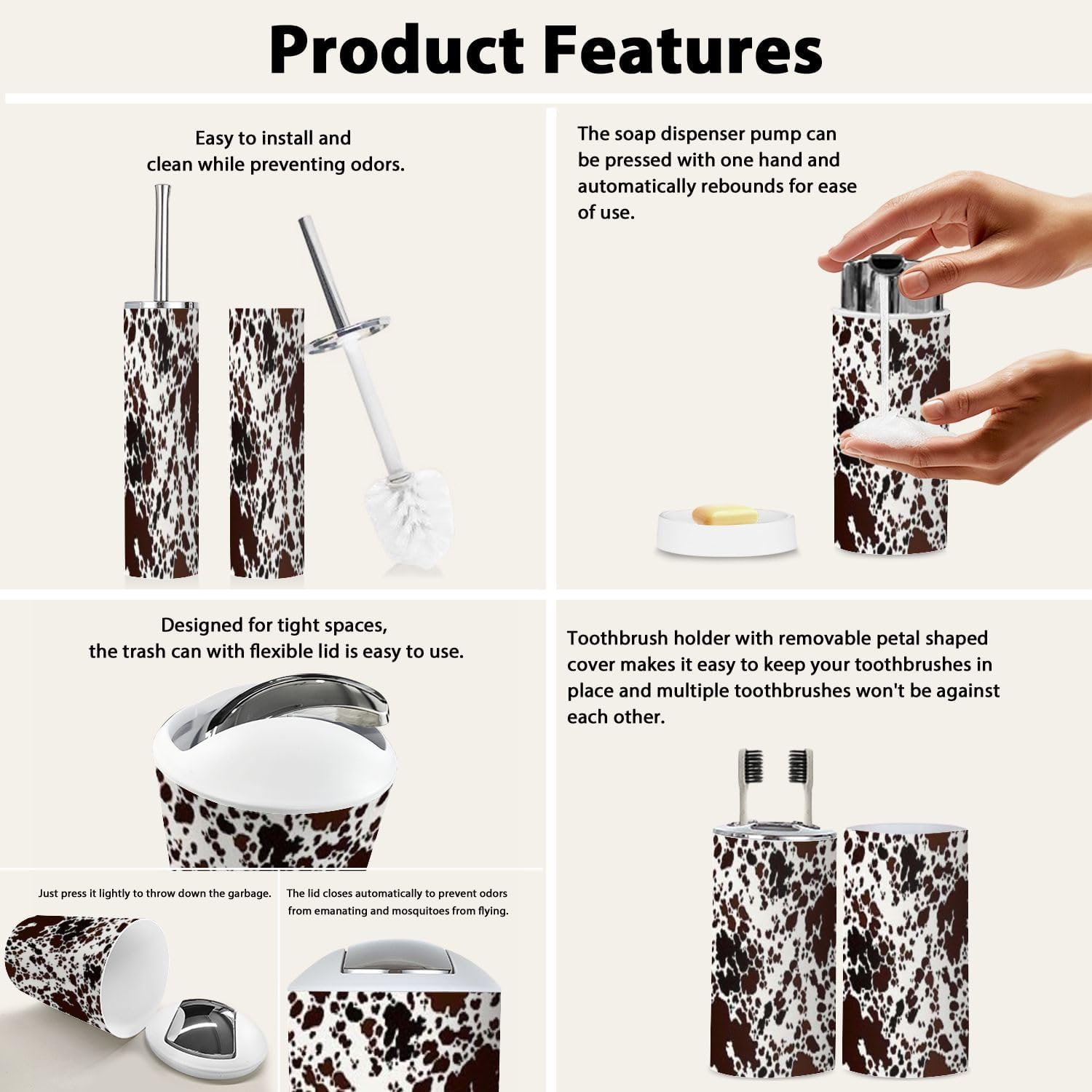 Boho Cow Skin Pattern Trash Can Accessories Set