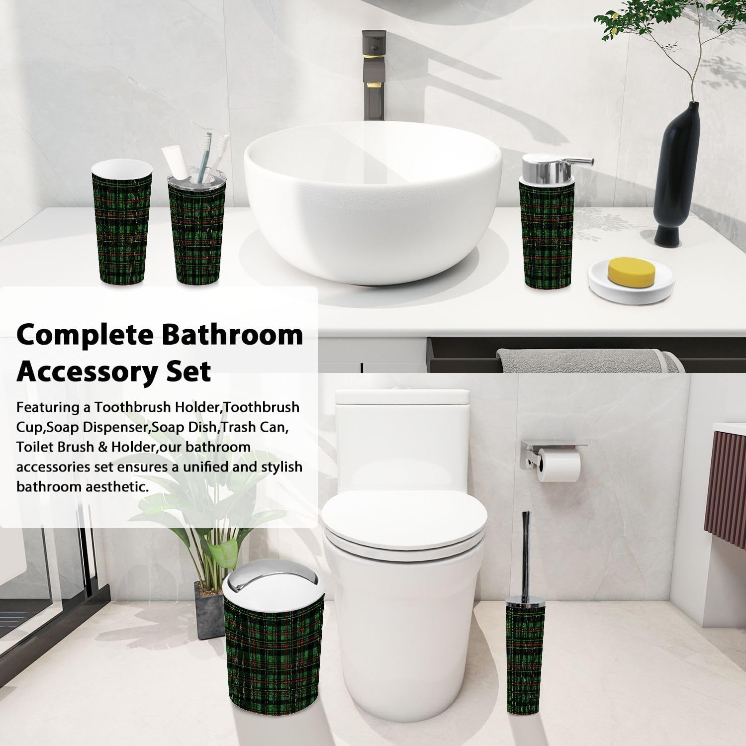 Boho Green Tartan Plaid 6-Piece Bathroom Accessory Set
