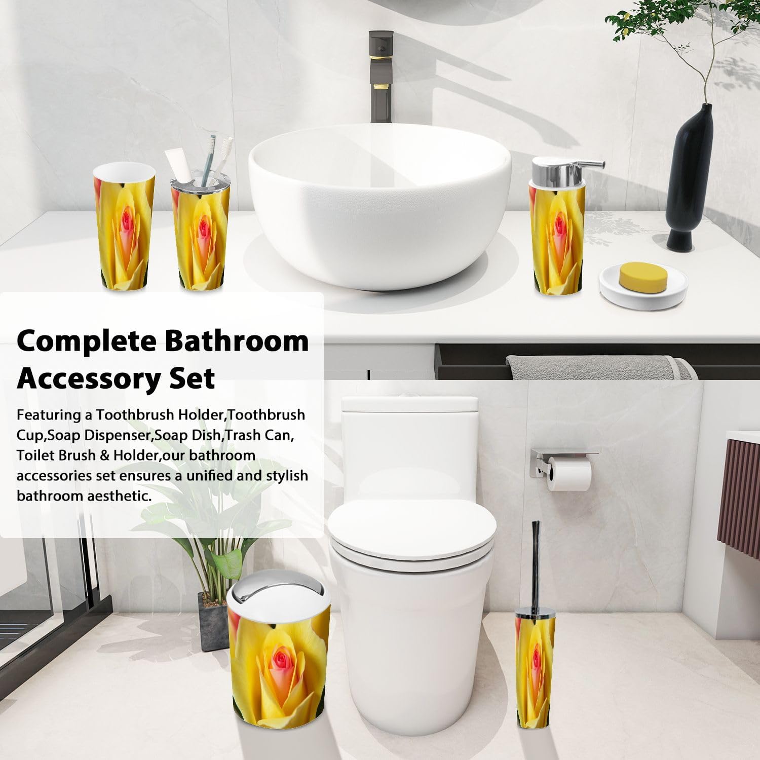 Boho Bathroom Accessory Set 6 Piece Yellow Rose