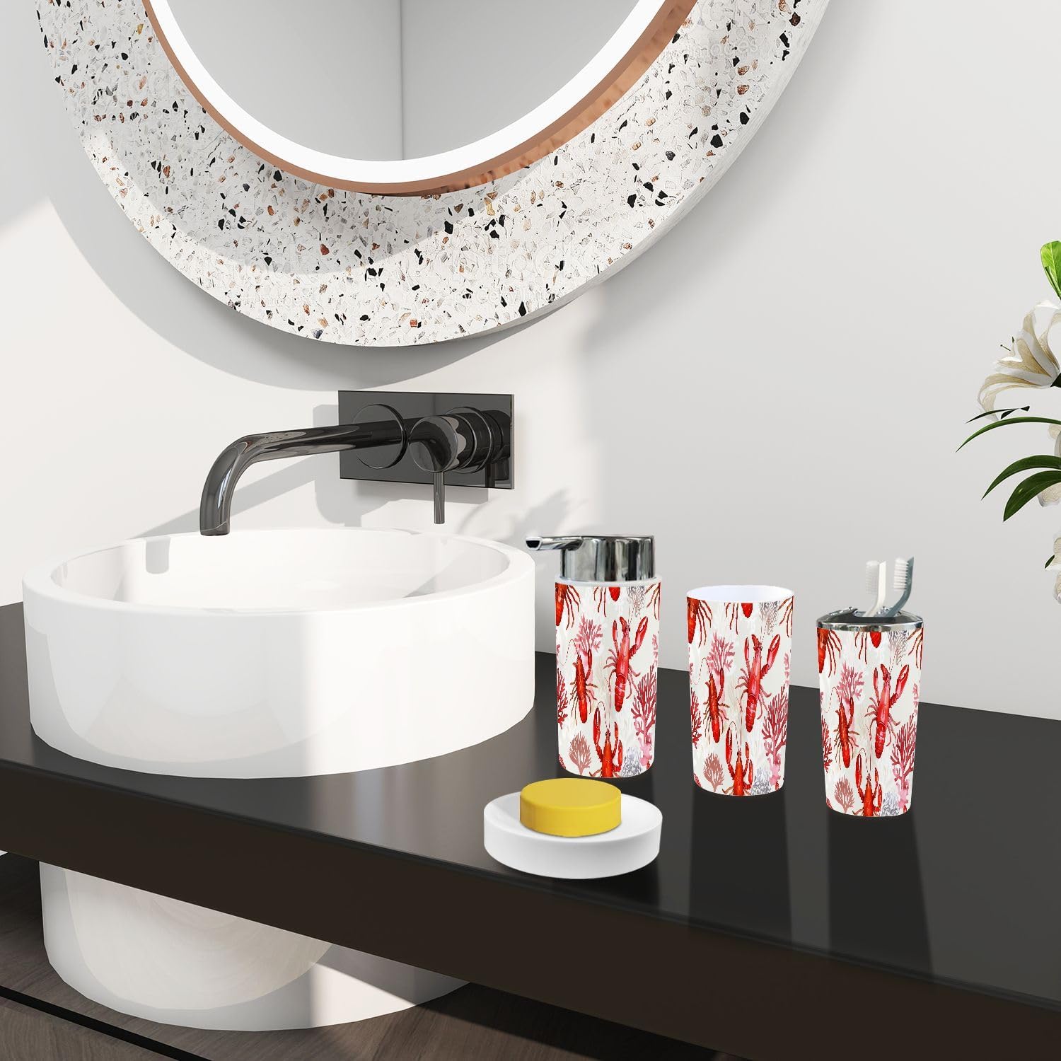Boho Tropical Trash Can and Bathroom Accessories Set