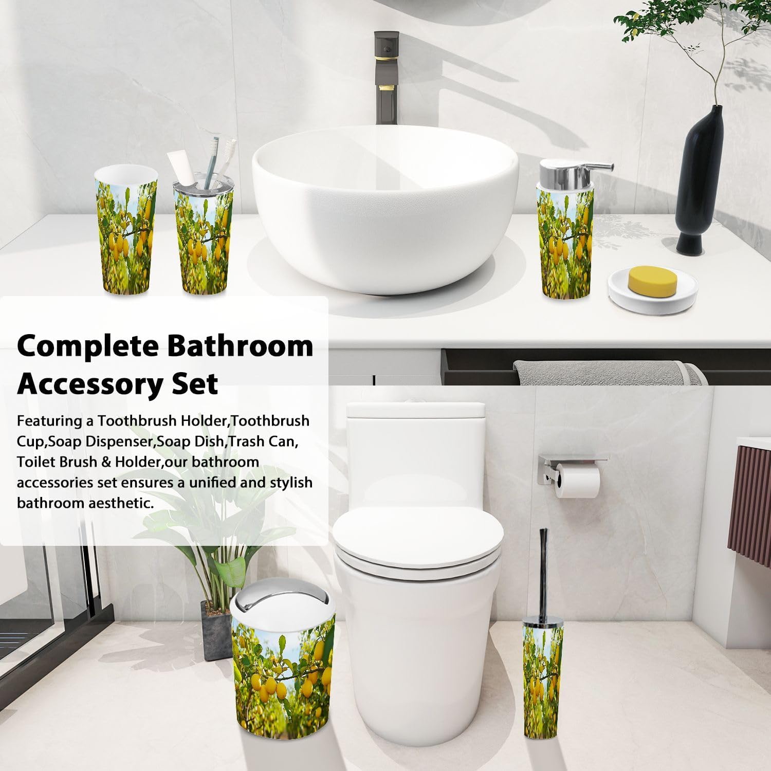 Boho Yellow Lemons Bathroom Accessory Set 6 Piece 1
