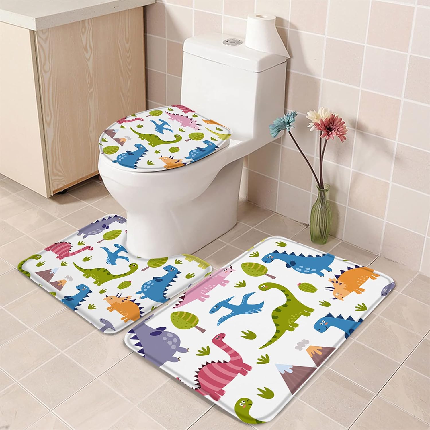YESOF66 3 Piece Bathroom Rugs Set with Non-Slip Dinosaur Design