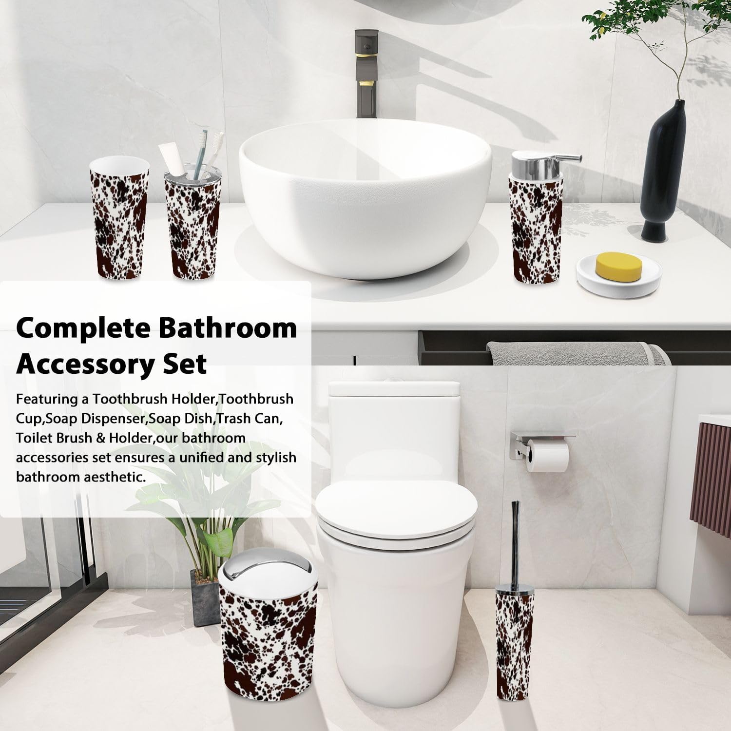 Boho Cow Skin Pattern Trash Can Accessories Set