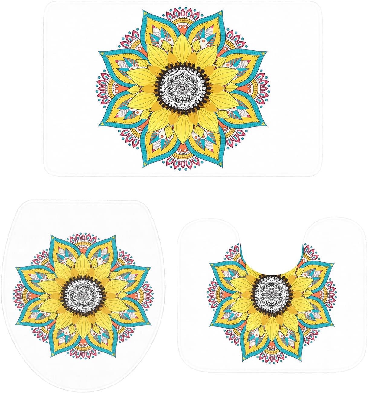 YESOF66 3 Piece Bathroom Rugs Set with Non-Slip Mandala Sunflower Pattern
