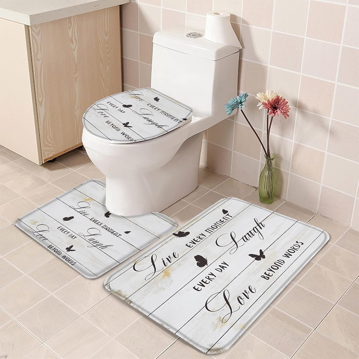 YESOF66 3 Piece Bathroom Rug Set Grey Wood Grain Non-Slip