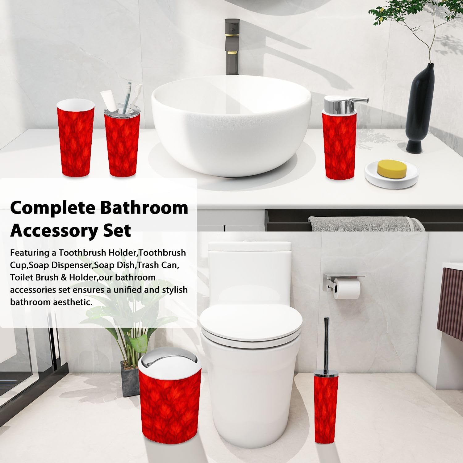 Boho Red Orange Bathroom Accessory Set 6 Piece 1