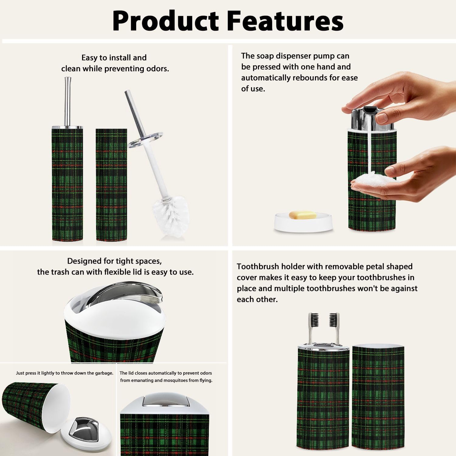 Boho Green Tartan Plaid 6-Piece Bathroom Accessory Set