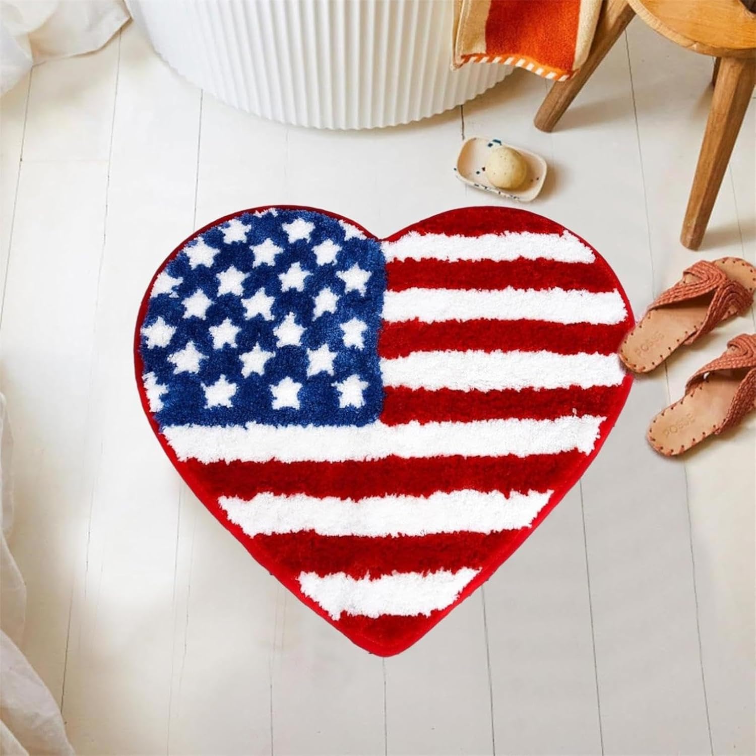 Patriotic Heart Bath Rug 4th of July Stars Stripes Non-Slip Doormat for Home
