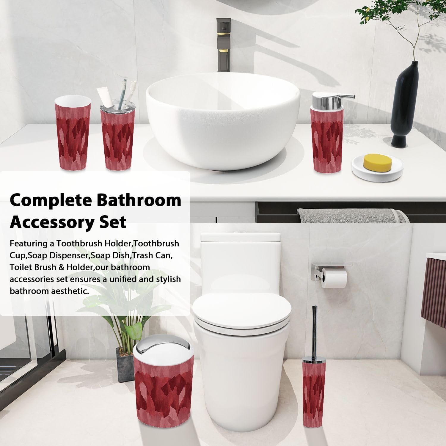 Boho Bathroom Accessory Set 6 Piece Maroon