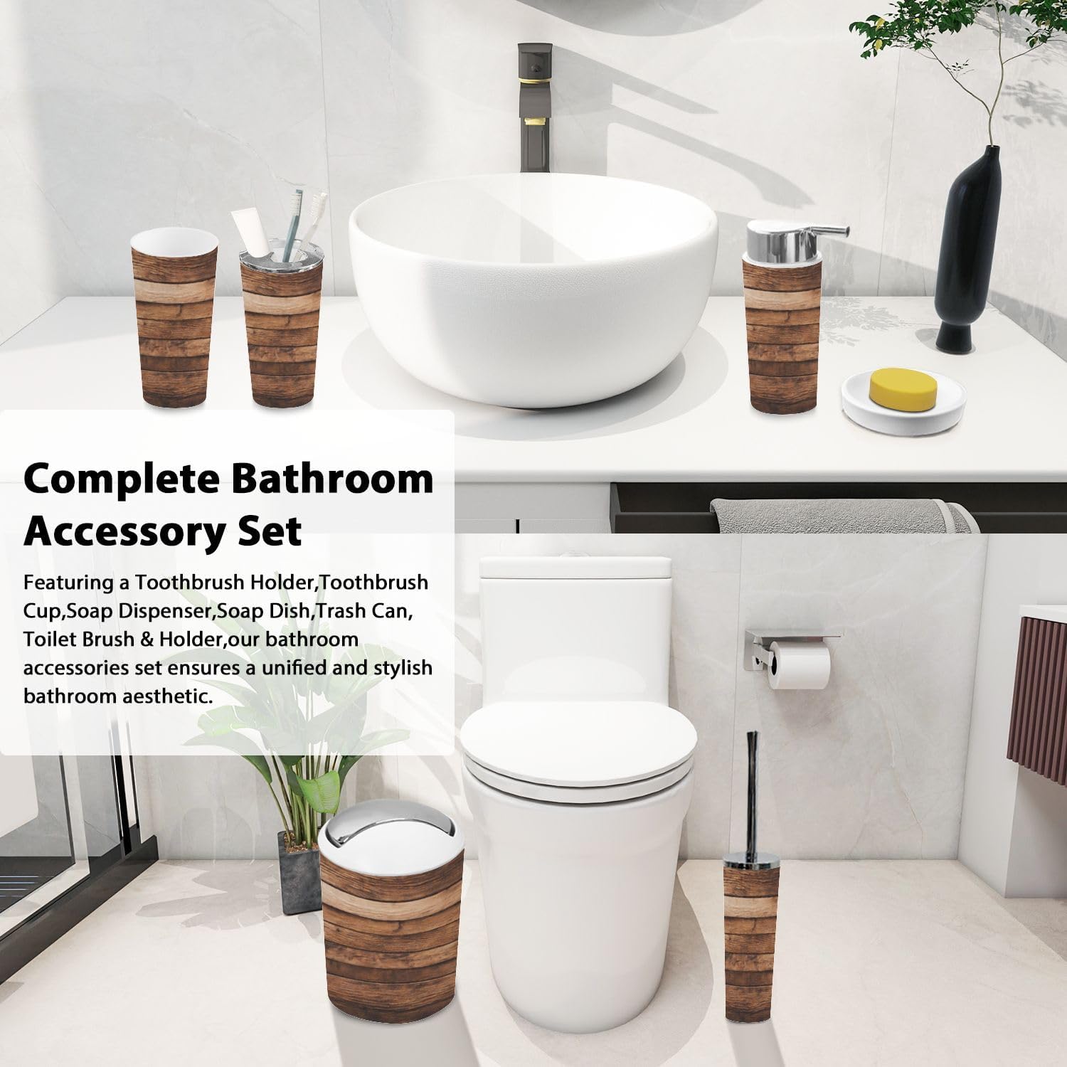 Boho Wooden Bathroom Accessories Set 6 Piece