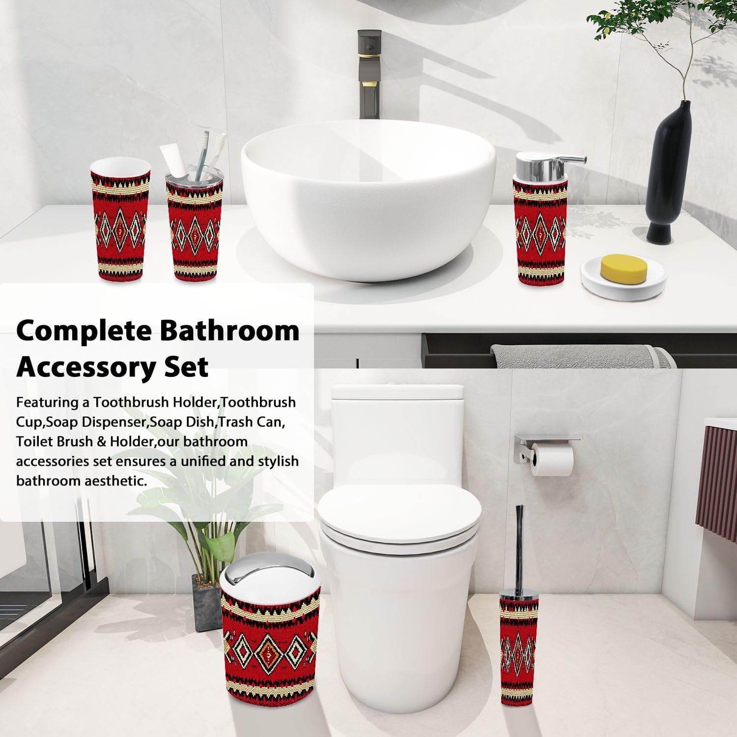 Boho Bathroom Accessory Set 6 Piece Red Black Wool