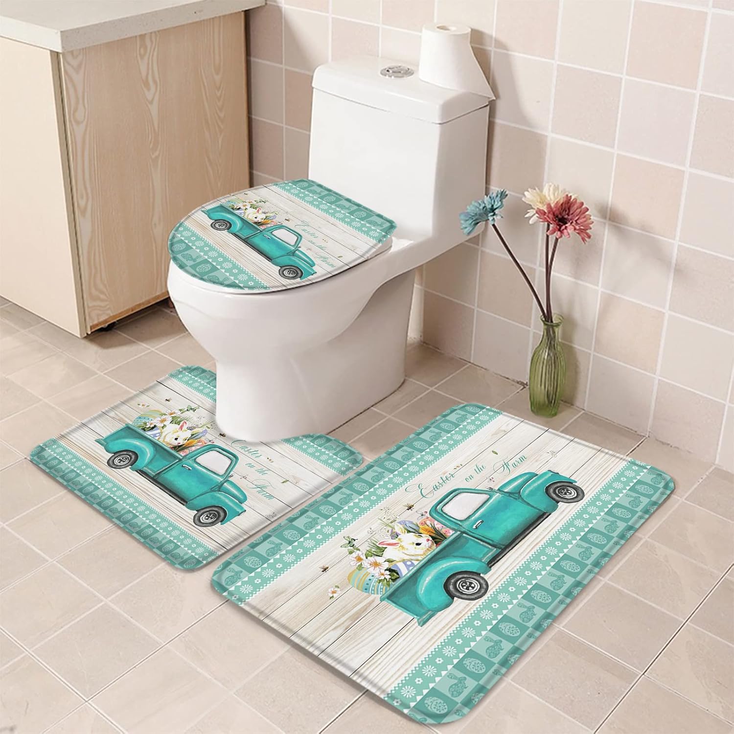 YESOF66 3 Piece Bathroom Rug Set with U Shaped Cover