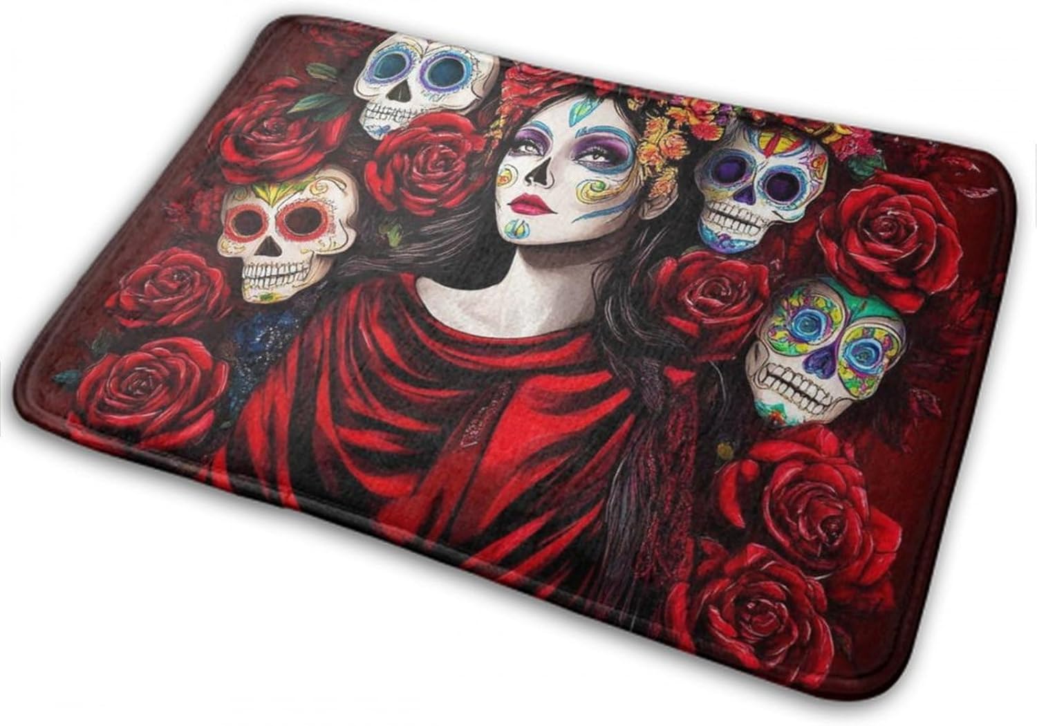 BoomDragon Non-Slip Memory Foam Bath Rug with Mexican Red Rose Design