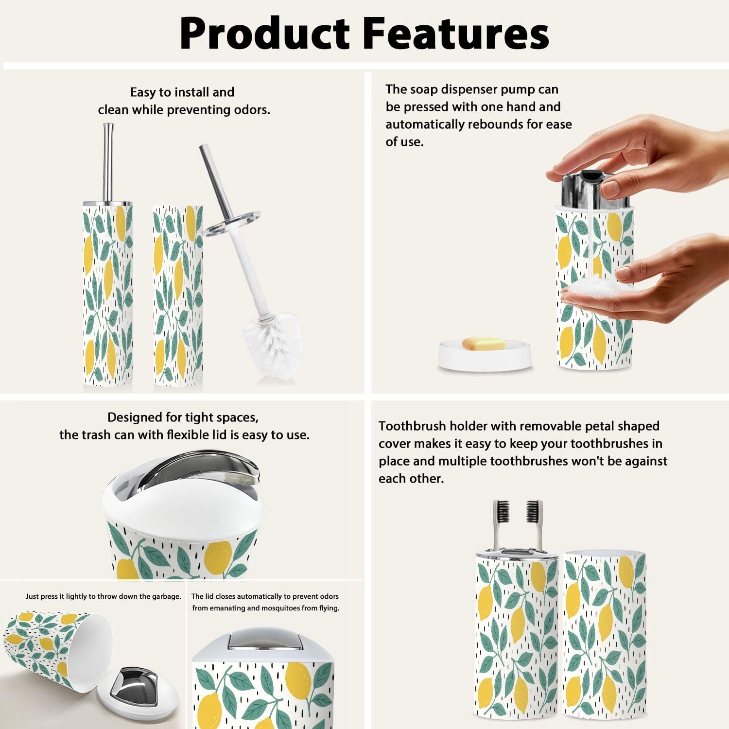 Bathroom Accessory Set 6 Piece Boho Design Lemon Print