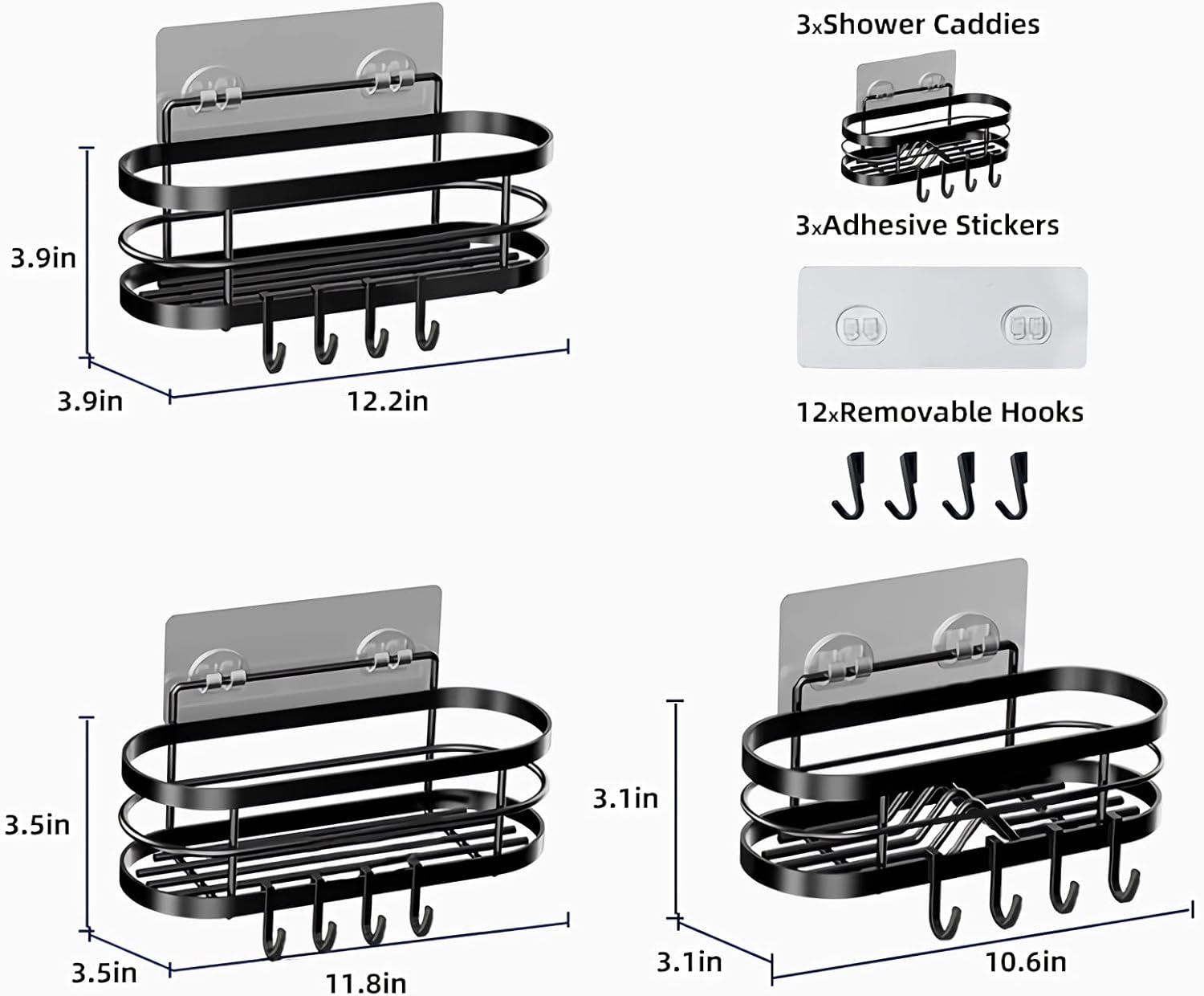 LGQXGO 3 Pack Adhesive Shower Caddy Organizer with 12 Hooks