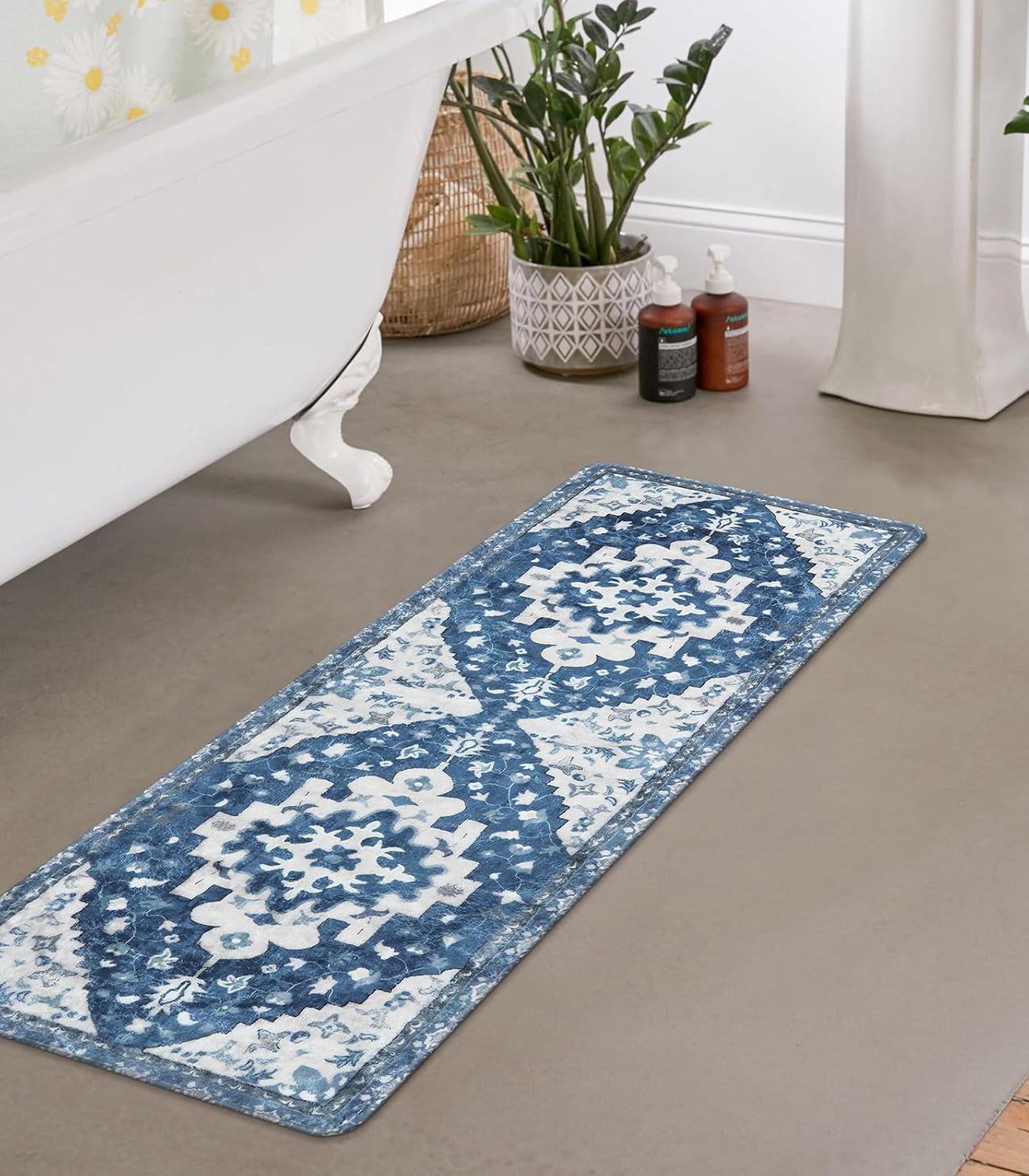 Uphome Boho Bathroom Rug Runner Non-Slip Blue Soft Mat