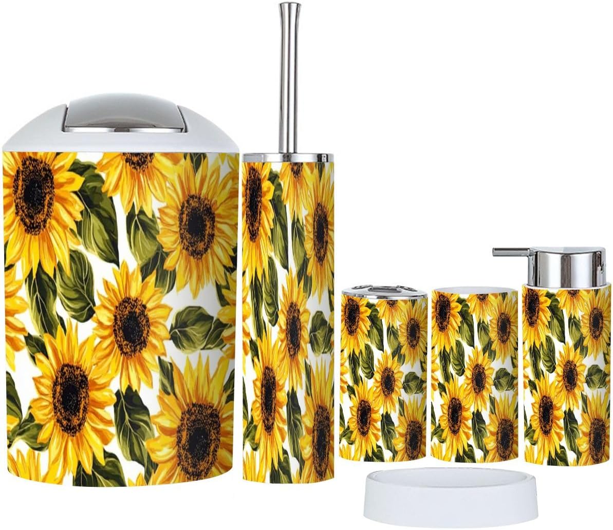 Boho Bathroom Accessories Set 6 Pieces White Sunflowers Design