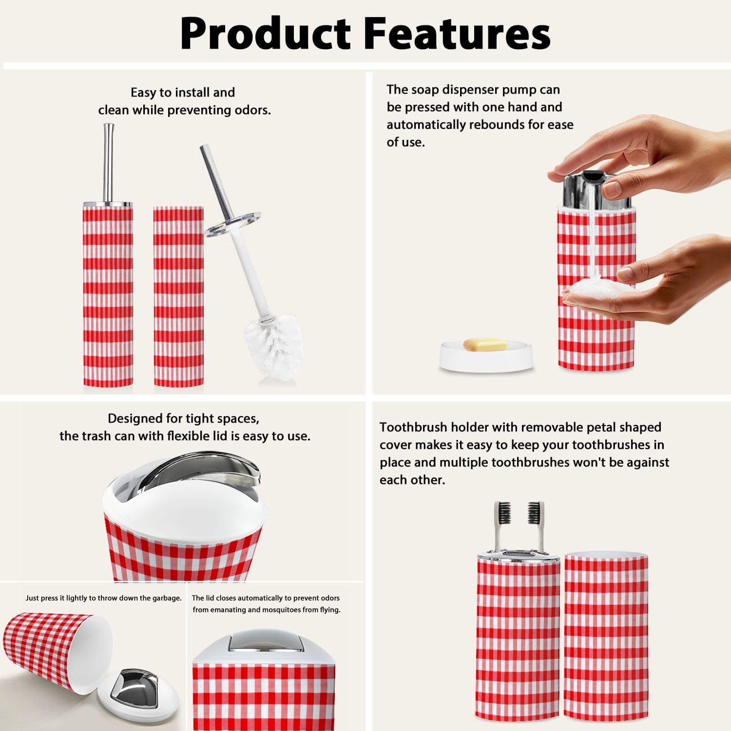 Boho Red Gingham Bathroom Accessory Set 6 Piece