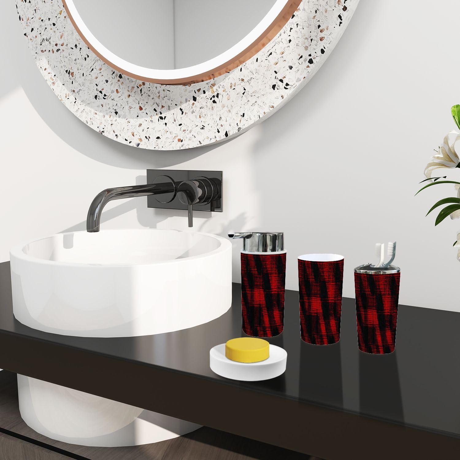 Boho Plaid Tartan Bathroom Accessories Set 6 Piece