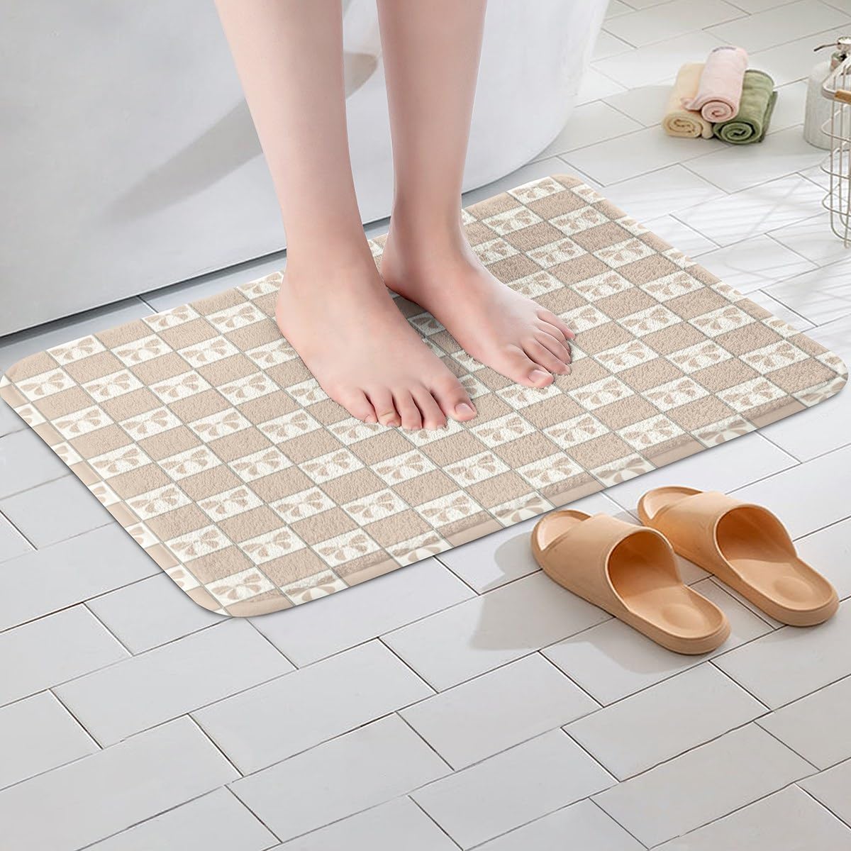 Pink White Checkered Bath Mat Non Slip 16x24