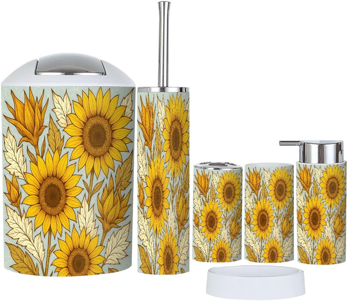 TRANQDEHOM 6-Piece Boho Sunflowers Bathroom Accessory Set