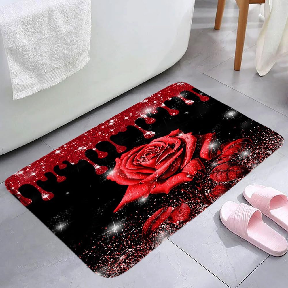 Red Rose Bath Mat with Shiny Roses Design 1