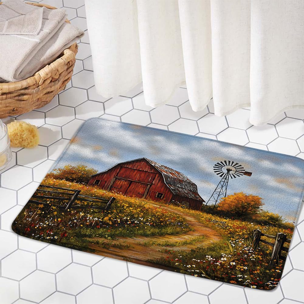 Vintage Red Barn Farmhouse Memory Foam Bath Mat 24x157