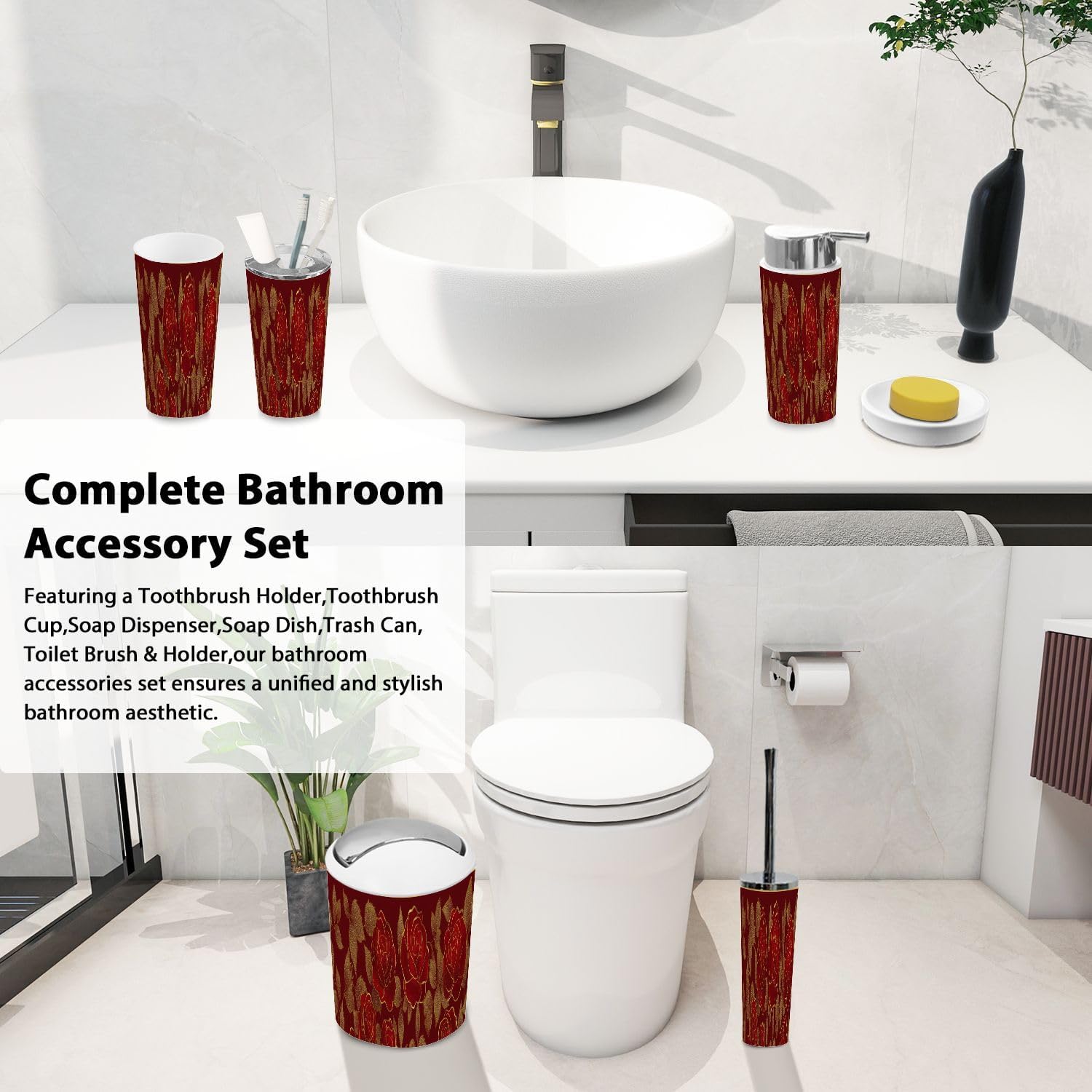 Boho Peony Bathroom Accessory Set 6 Piece Dark Red