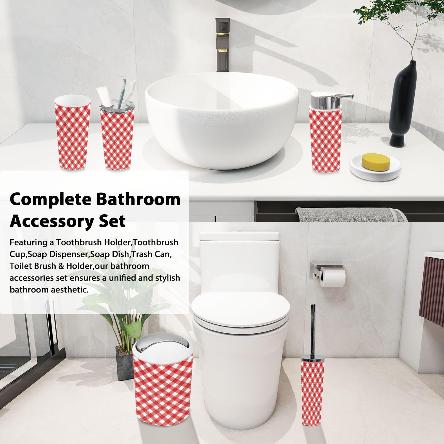TRANQDEHOM 6-Piece Boho Gingham Bathroom Accessories Set