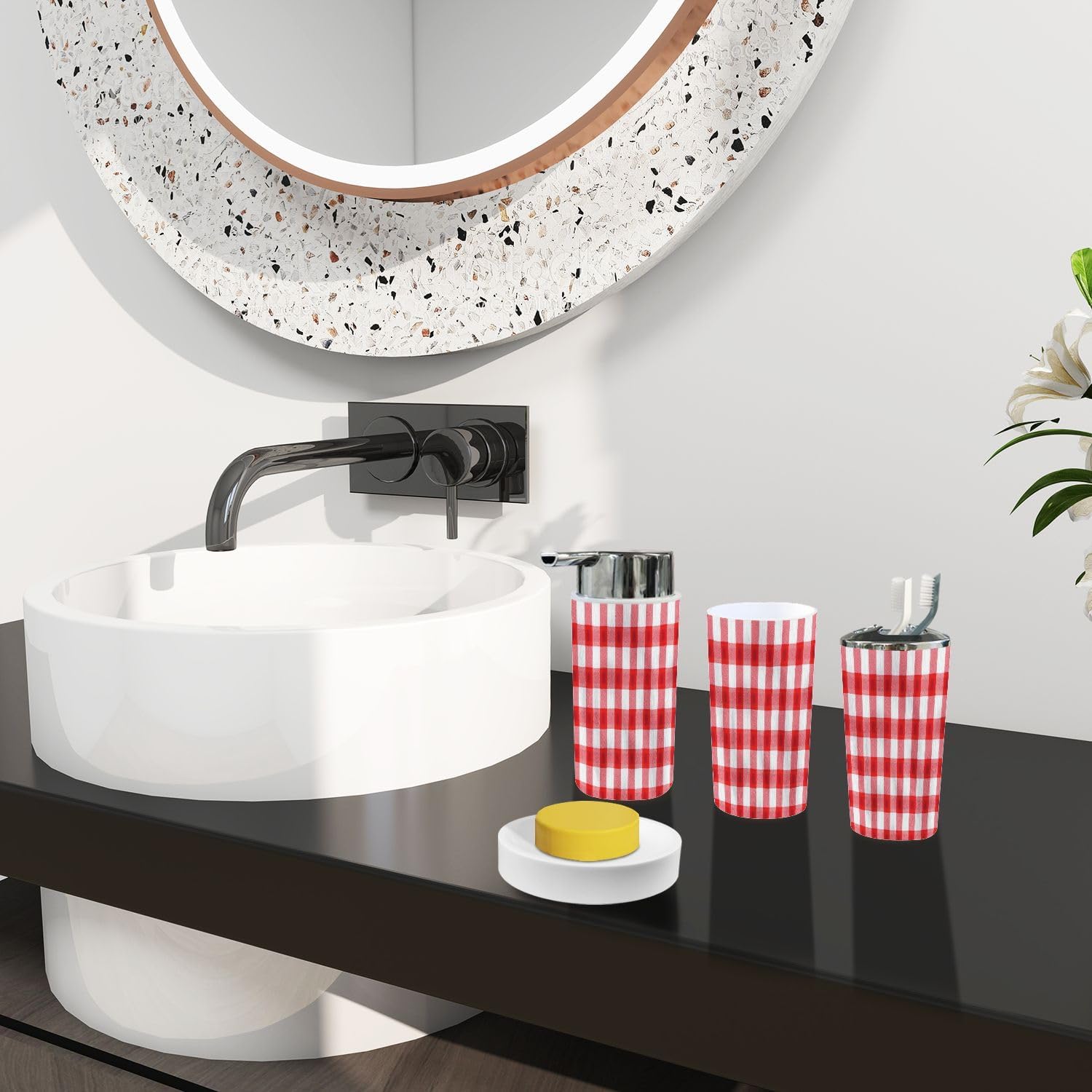 Boho Red White Checkered Bathroom Accessory Set 6 Piece 1
