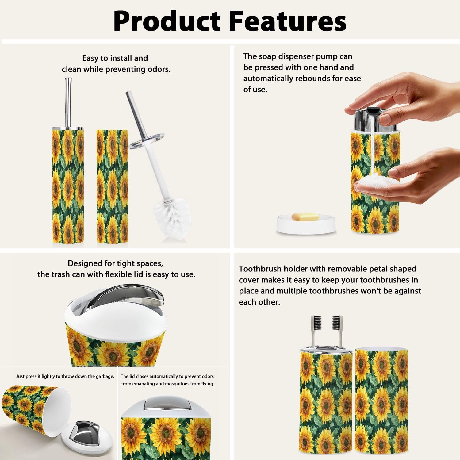 Boho Floral Sunflowers Bathroom Accessories Set 6 Piece