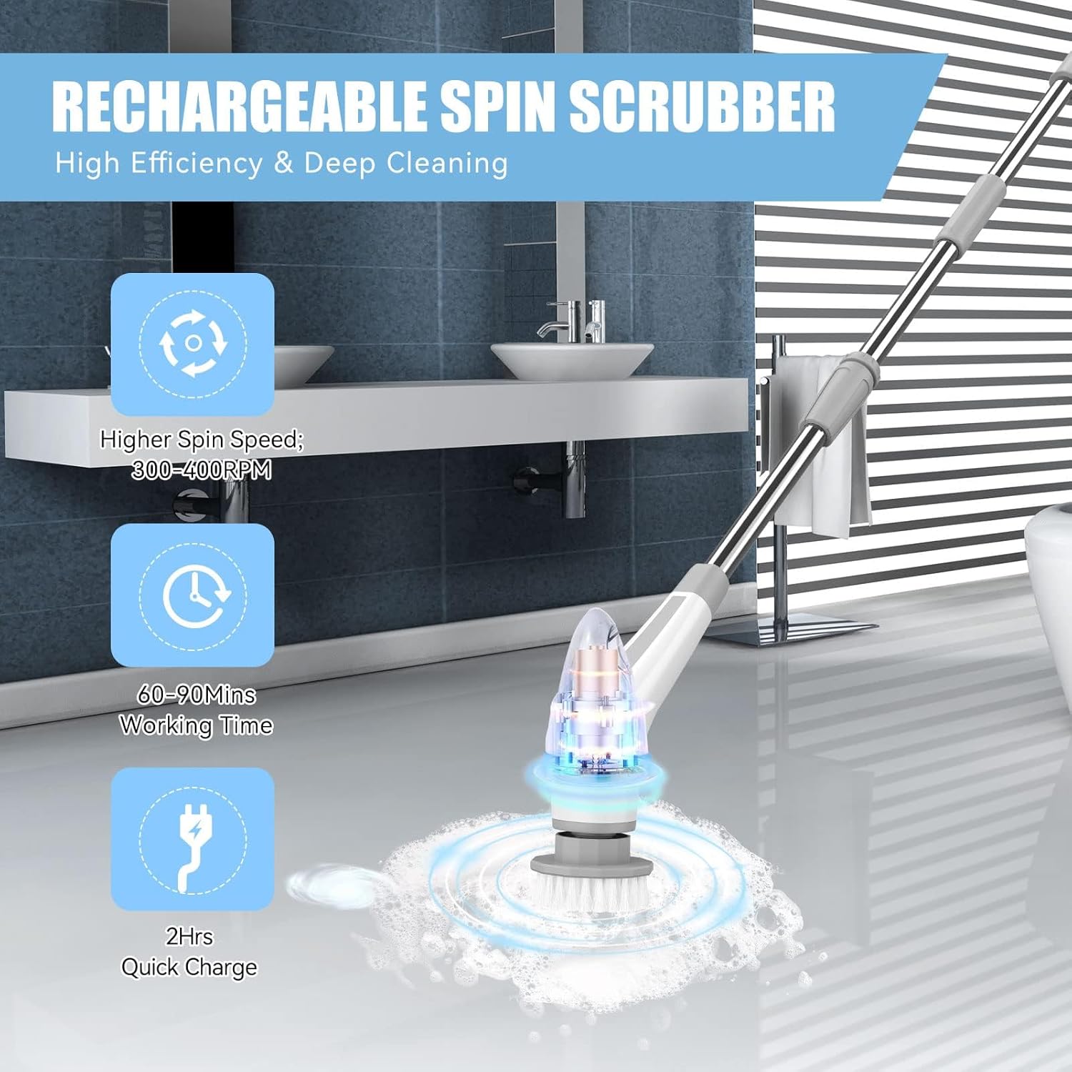 Lovawing Electric Spin Scrubber with 2 Speeds and 48 Inch Extension Arm
