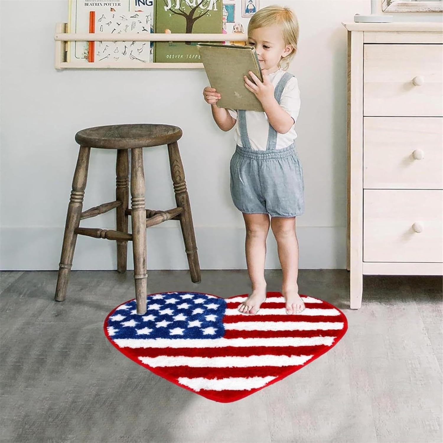 Patriotic Heart Bath Rug 4th of July Stars Stripes Non-Slip Doormat for Home