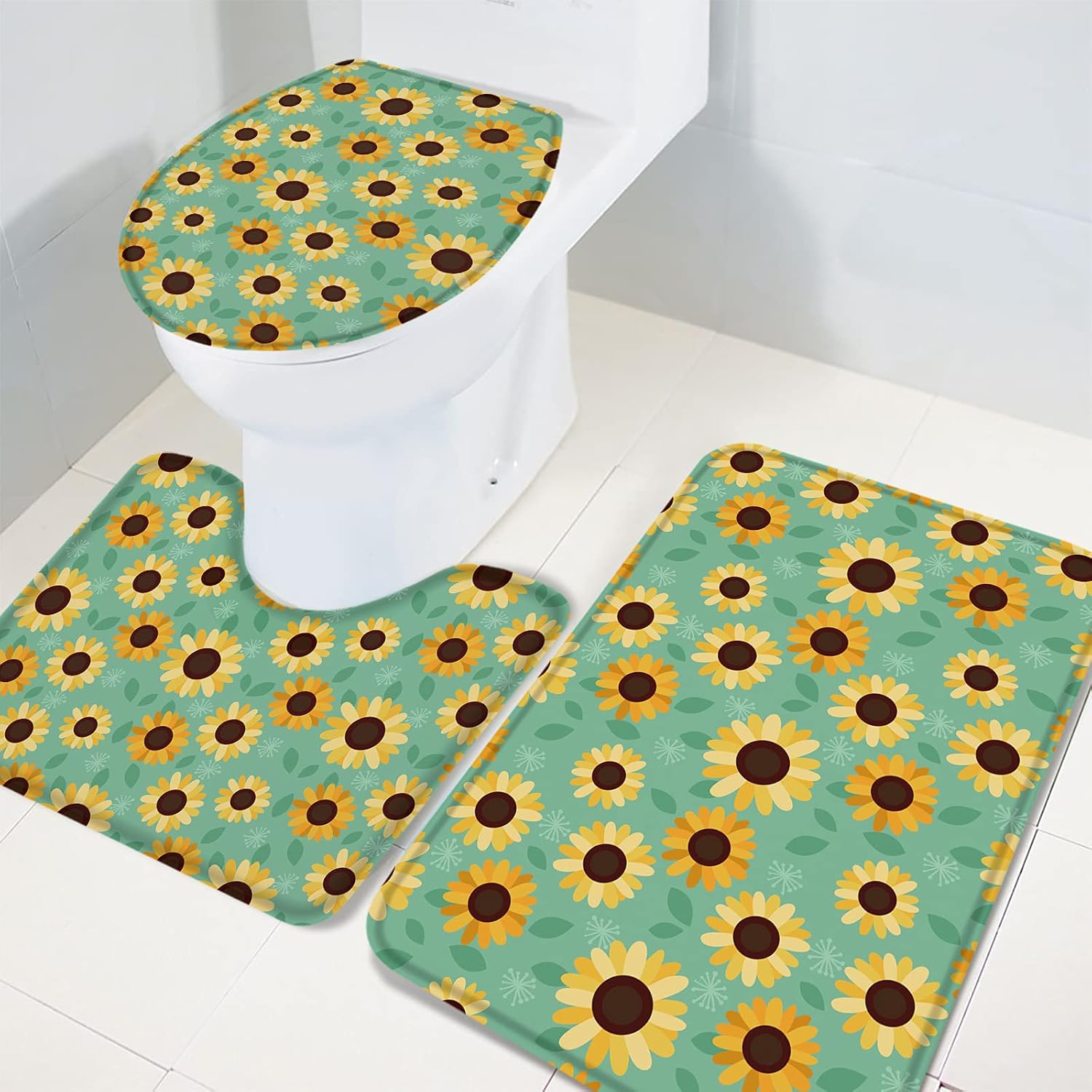 YESOF66 3 Piece Bathroom Rug Set with Non-Slip Sunflower Pattern