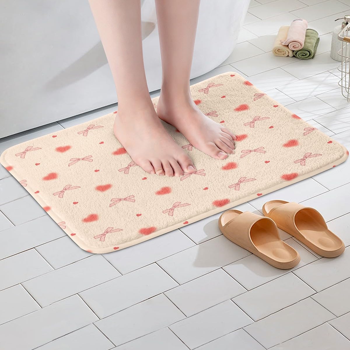 Jejeloiu Bow Bath Mats 16x24 Kids Kawaii Bow Rugs Pink Heart