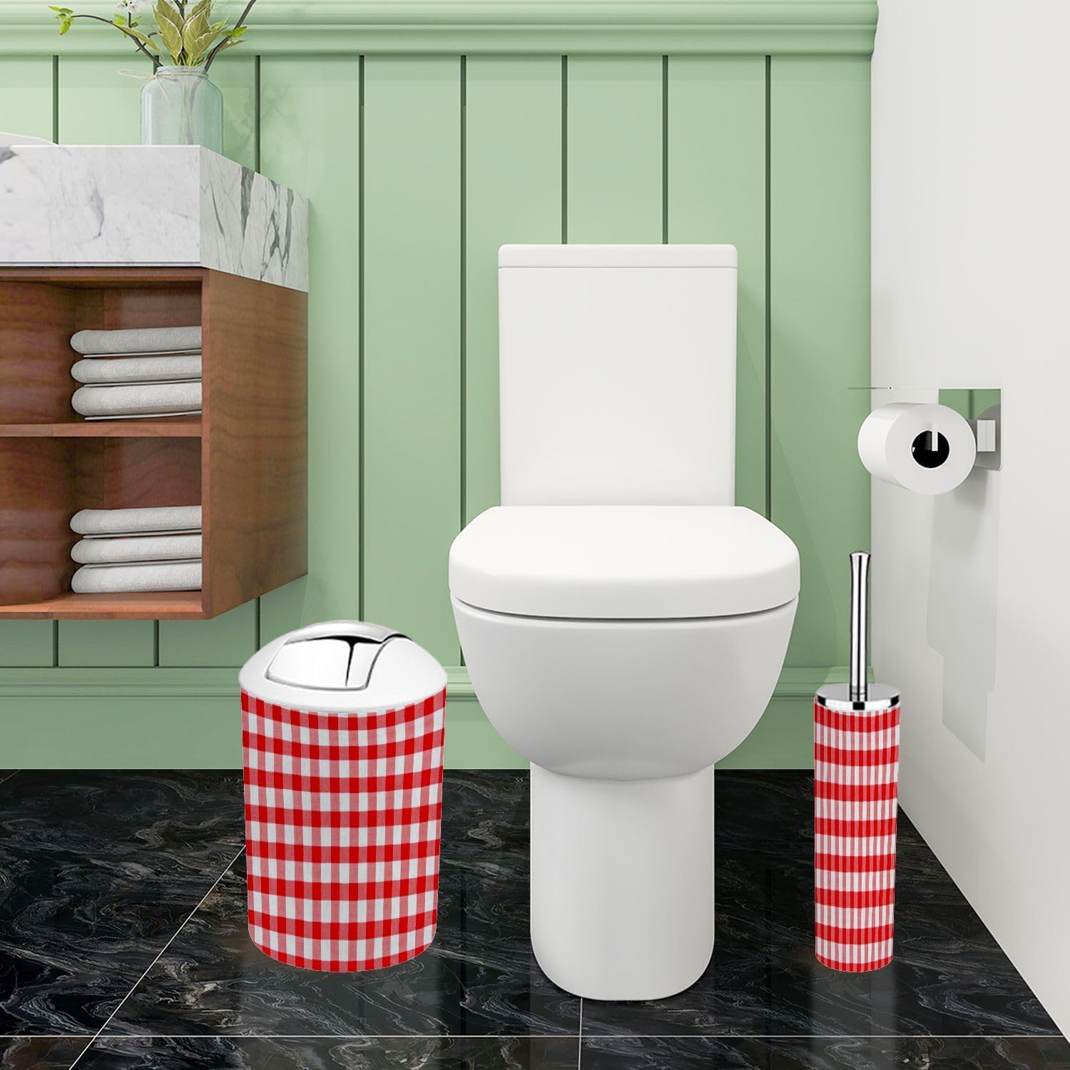 Boho Red Gingham Bathroom Accessory Set 6 Piece