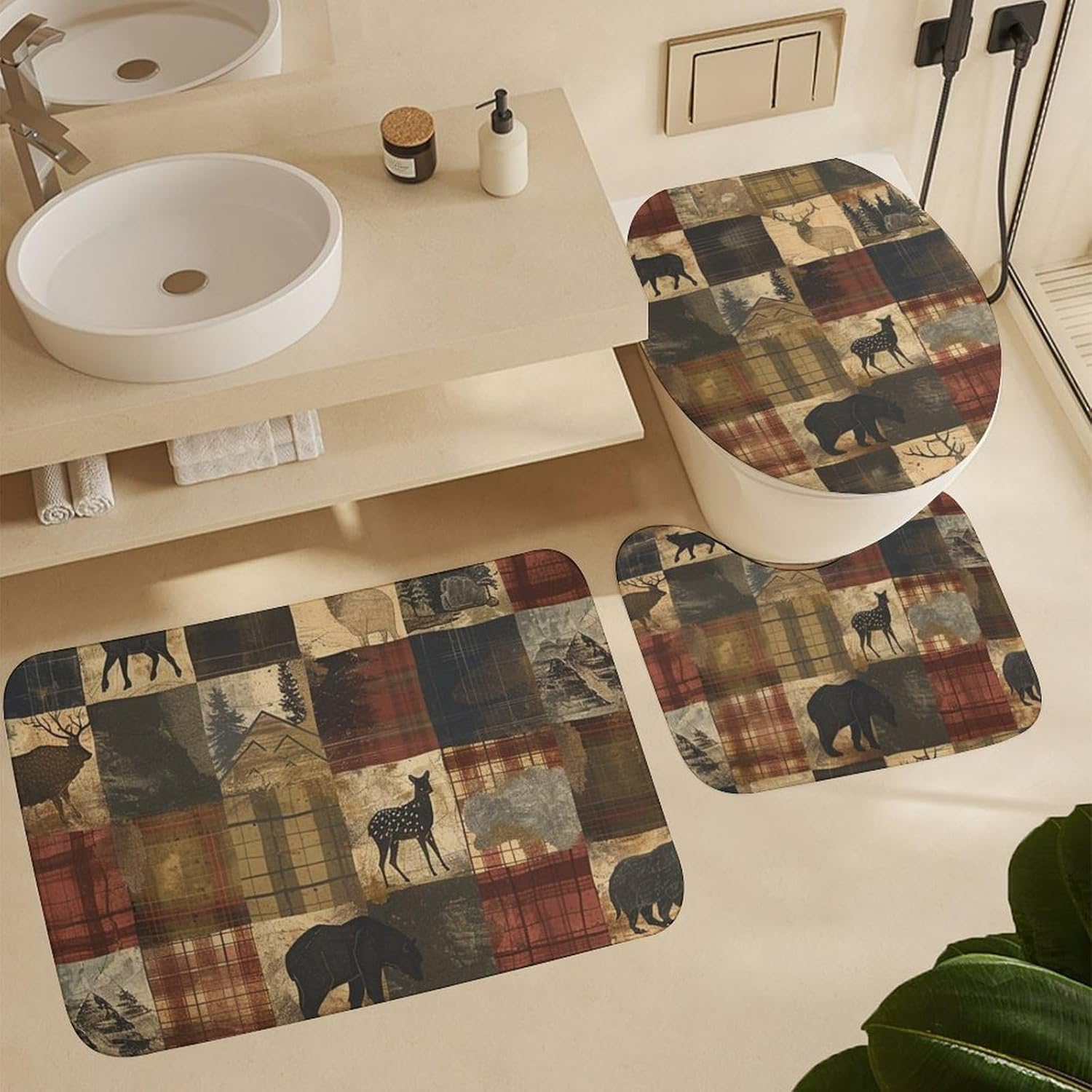 4Pcs Farmhouse Elk Deer Shower Curtain Set with Rug and Liner