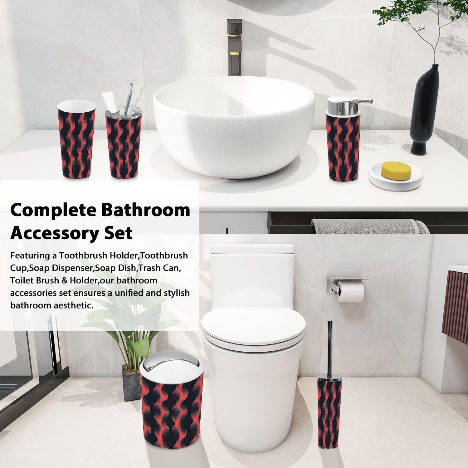 Boho Bathroom Accessory Set 6 Piece Trendy Red Black Abstract