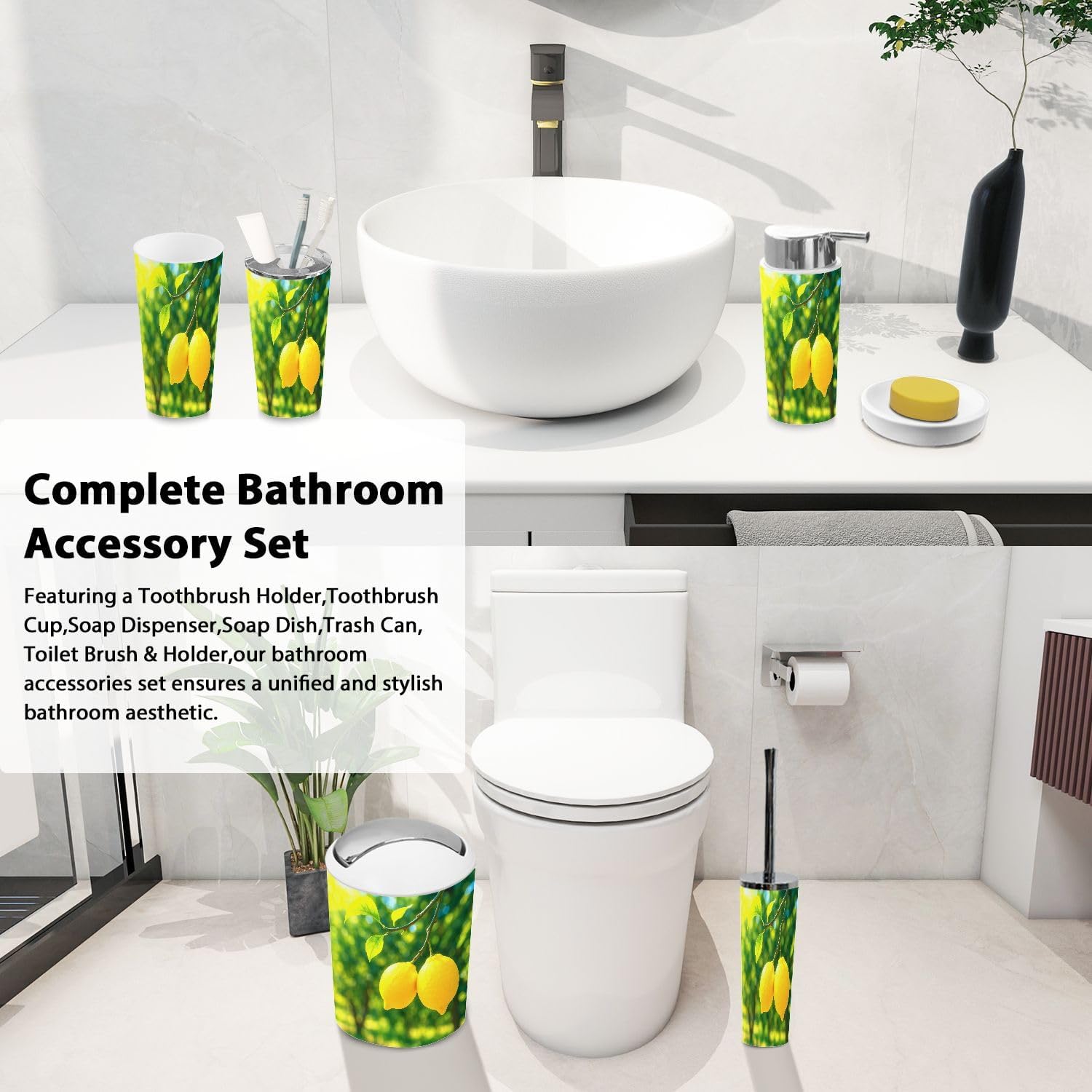 Boho Lemon Garden Bathroom Accessory Set 6 Piece