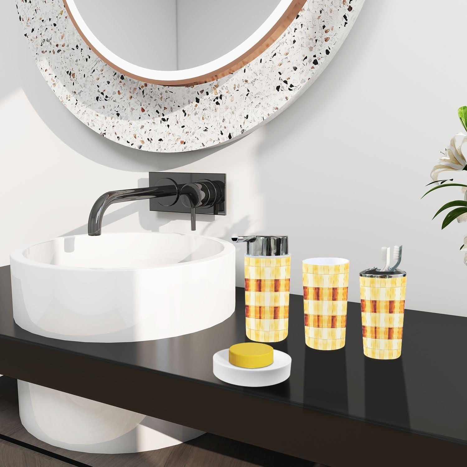 TRANQDEHOM 6-Piece Bathroom Accessory Set with Boho Check Pattern